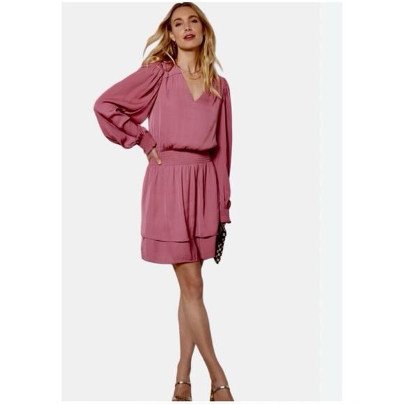 Evereve Women’s Sz XS NWT Shiloh Satin Long Sleeve Mini Dress Dusty Rose $118 - Picture 1 of 13
